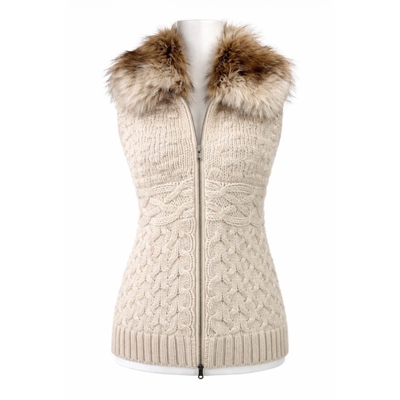 Loft Wool Alpaca Blend Cable Knit Sweater Vest Faux Fur Collar Zip Up Brown S/M* - Picture 1 of 15